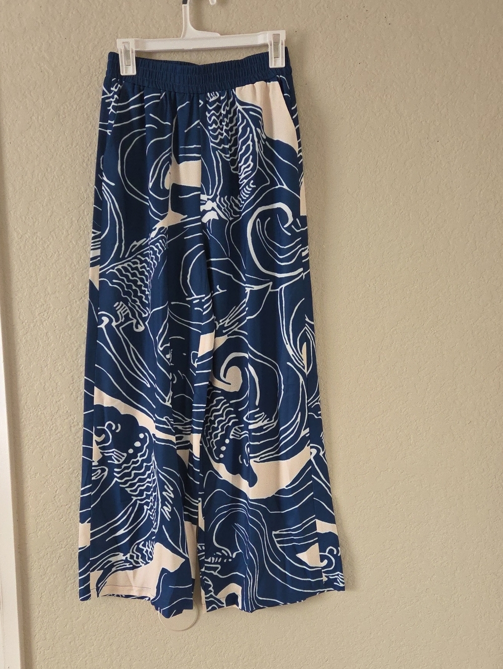 Blue and Ivory Printed Wide-Leg Pants